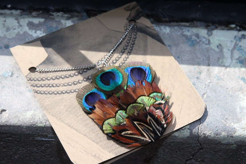 Layered Peacock and Pheasant Feather Fan Necklace