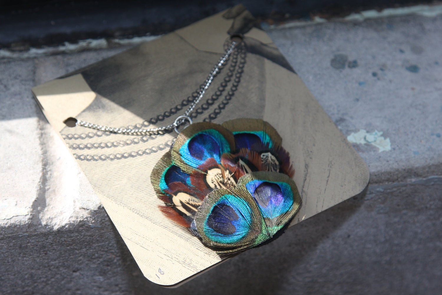 Funky Peacock and Pheasant Feather Fan Necklace