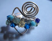 Silver wire wrapped coil ring with Swarovski crystals and spirals