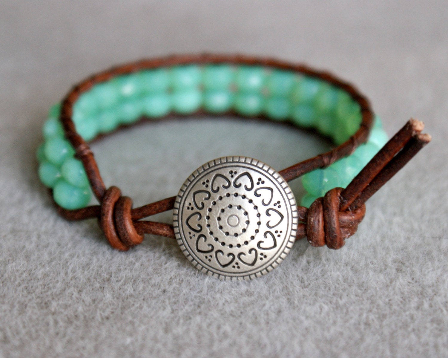 Seafoam green opal Boho beach beaded distressed leather wrap bracelet, cuff, Chan Luu style, blue, green, trendy jewelry