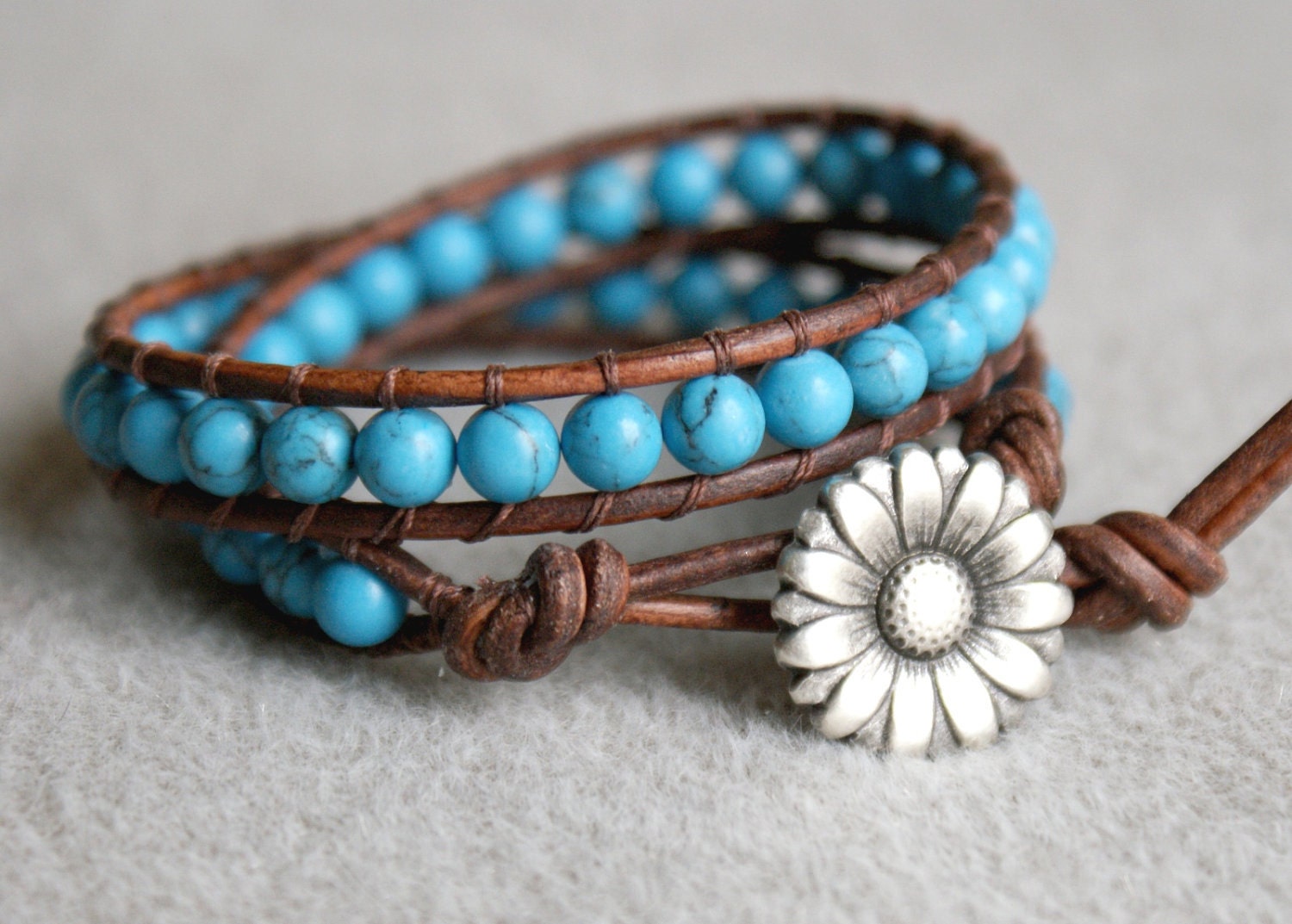 Dark blue Turquoise, Boho beaded leather wrap bracelet, 2 x bracelet wrap, silver daisy flower, Chan Luu Style