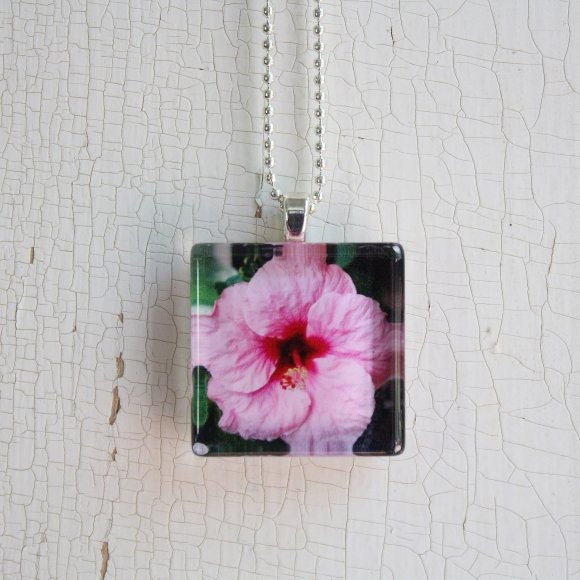 Glass Photo Pendant Necklace Pink Hibiscus Flower