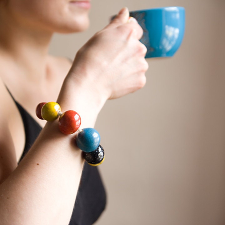 50% SALE, beaded bracelet, ceramic jewellery, chunky, oversized, summer rainbow colours, by karoArt ceramics