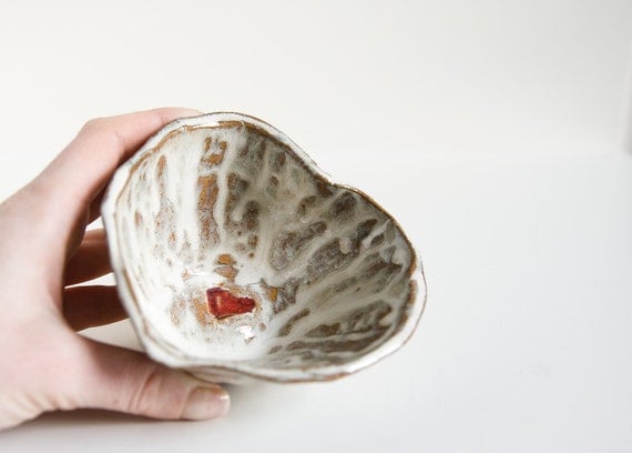 Heart Dish, stoneware bowl, trinket dish, decorative heart bowl, rustic, white and red artistic glaze, handmade pinch bowl, irish pottery