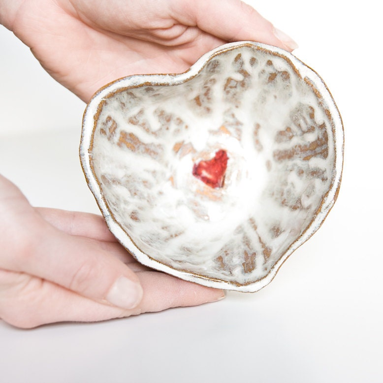 Heart Dish, stoneware bowl, trinket dish, decorative heart bowl, rustic, white and red artistic glaze, handmade pinch bowl, irish pottery