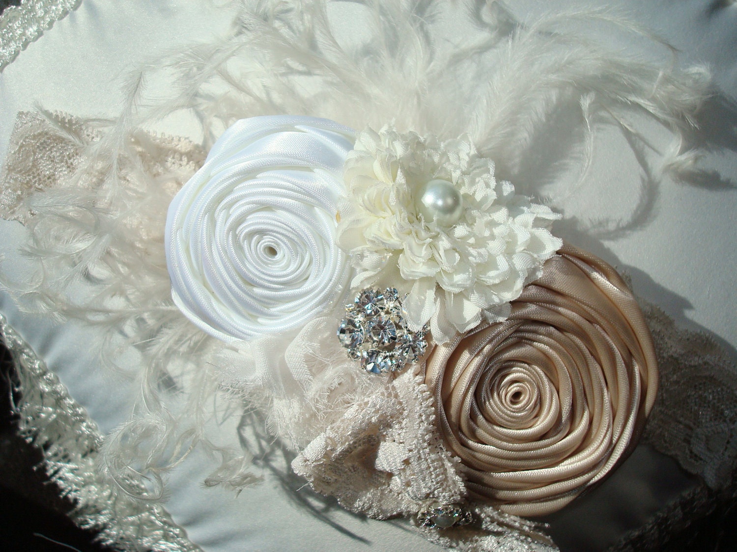 The Lily Flower Headband, Baby Headband, Headband, Girl Headband, Cream and White Rosettes with Silk, Chiffon Flowers and Lace Bow