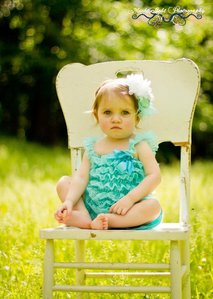 Aqua Baby Flower Headband, Rosette Headband, Wedding, Children, Photo Prop, Toddler / Aqua Rosette and White Flower