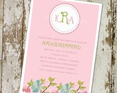 baby girl shower invitations with pink and green damask, digital, printable file (item 133)