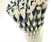 25 Navy blue striped Paper Straws, AND Digital DIY straw tags (your color choice), Party Striped Straws