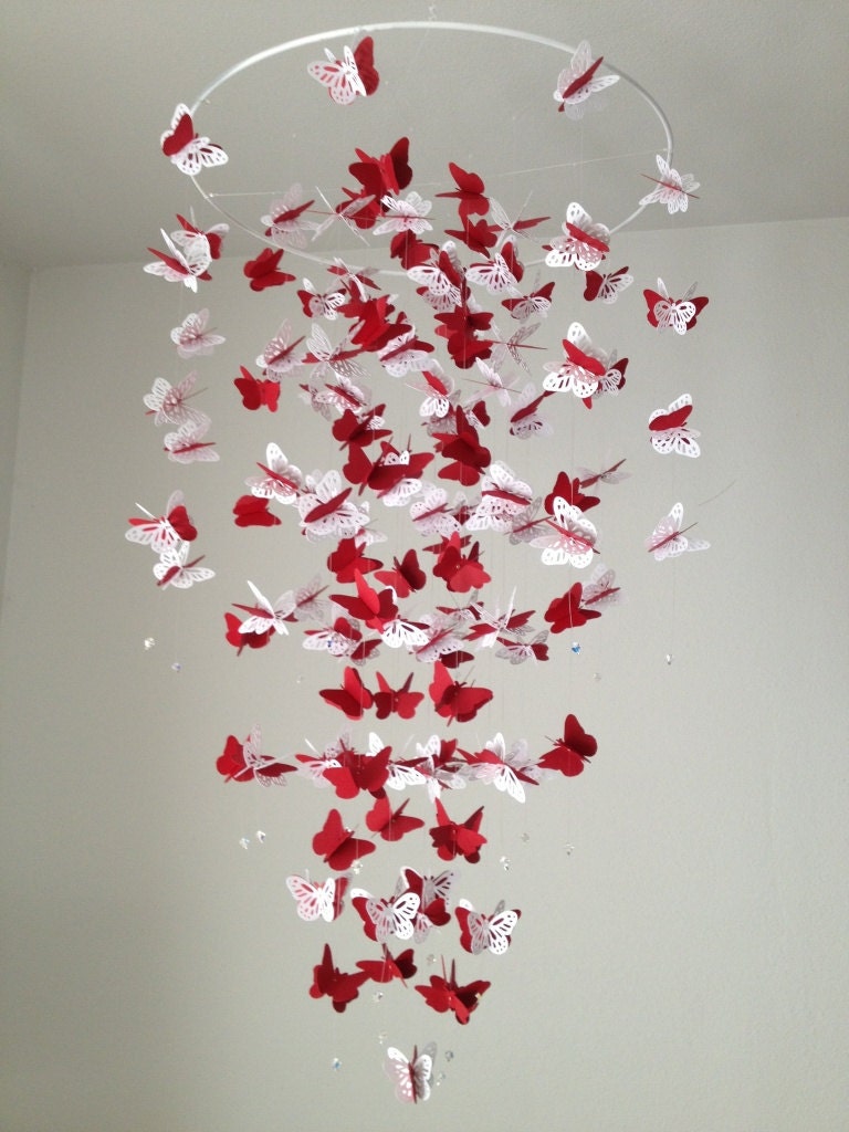 Hoop Ring Monarch Butterfly Chandelier  Mobile - Red and white