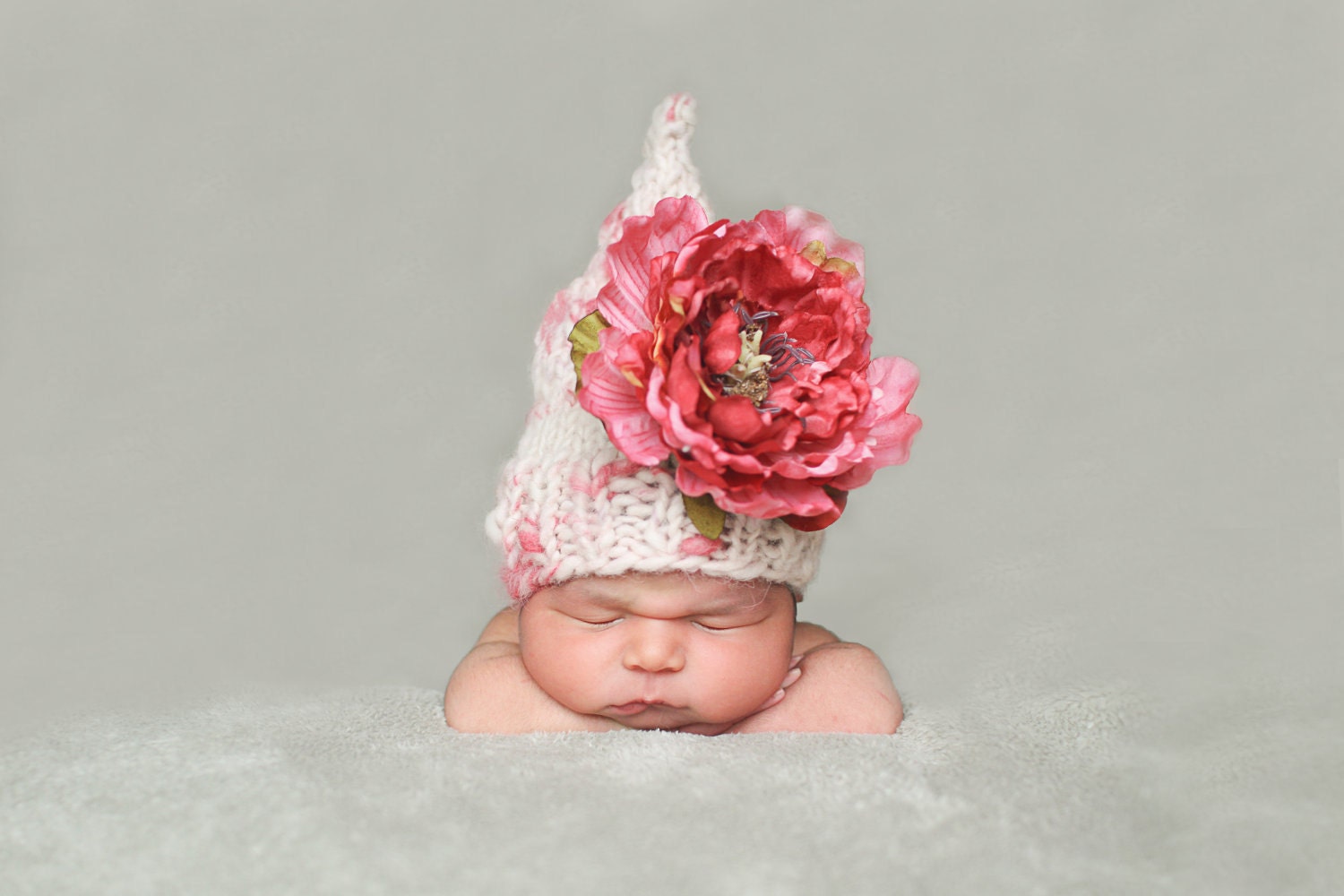 Newborn Knit Hat, Deluxe Edition, Flower Fairy Hat, for Photography Prop, Made with My Own, Handspun Yarn-Valentine's Day