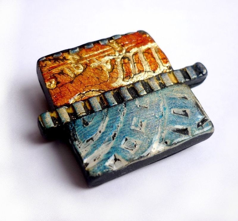 Blue and Copper polymer clay Art Brooch - Baroque -  one of a kind - old copper blue black