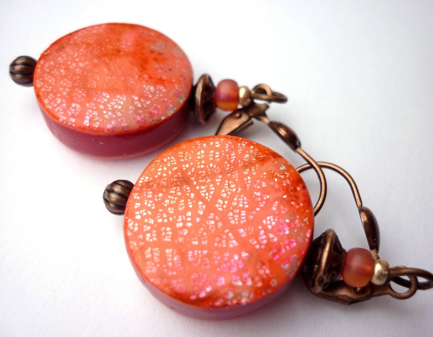 Pink tangerine Orange Crackled earrings -  polymer clay and metal leaf -  handmade