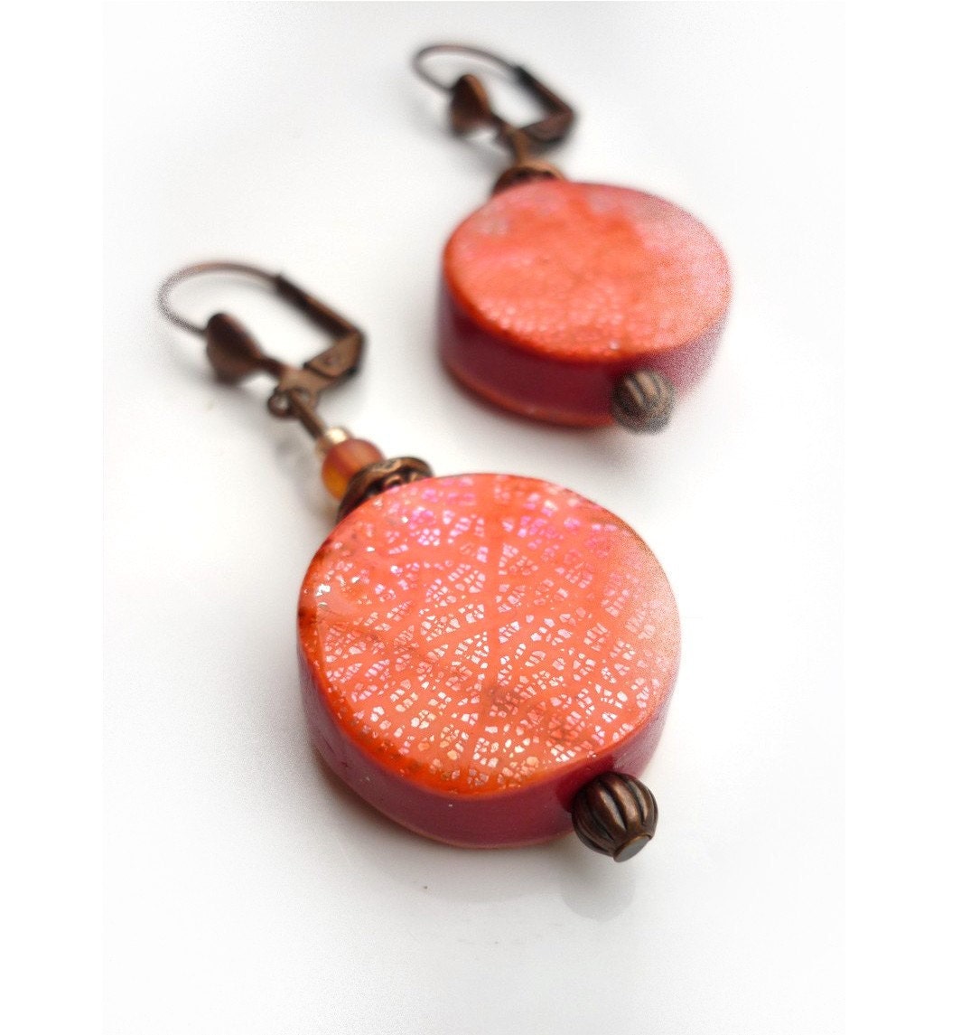 Pink tangerine Orange Crackled earrings -  polymer clay and metal leaf -  handmade