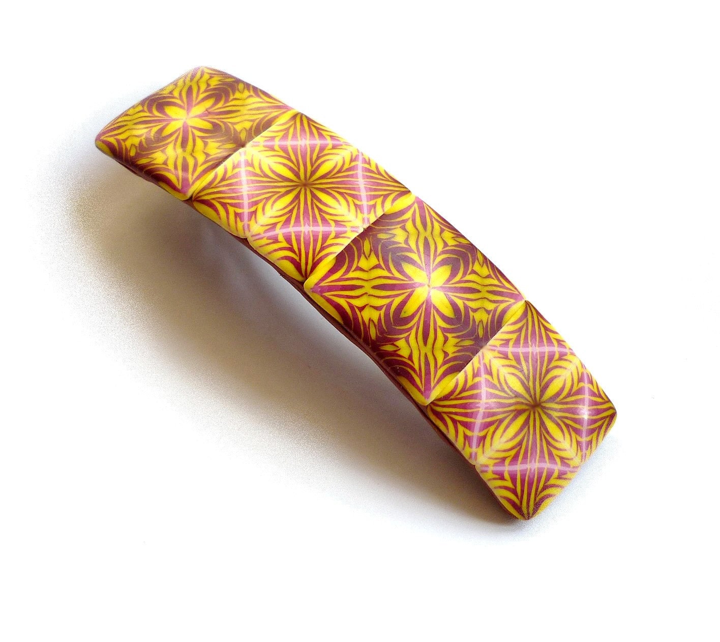 Geometric Hair Barrette with French clip - Kaleidoscope Yellow Burgundy red and Pink - polymer clay