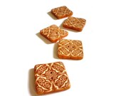 Geometric kaleidoscope 1" Square handmade buttons - one of a kind set of 5 - polymer clay - caramel gold off-white cream