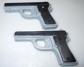2 Pistol Soaps WARM VANILLA SUGAR Scent - Black/Gray - Vegan guest bath decorative gun rifle shoot bullet