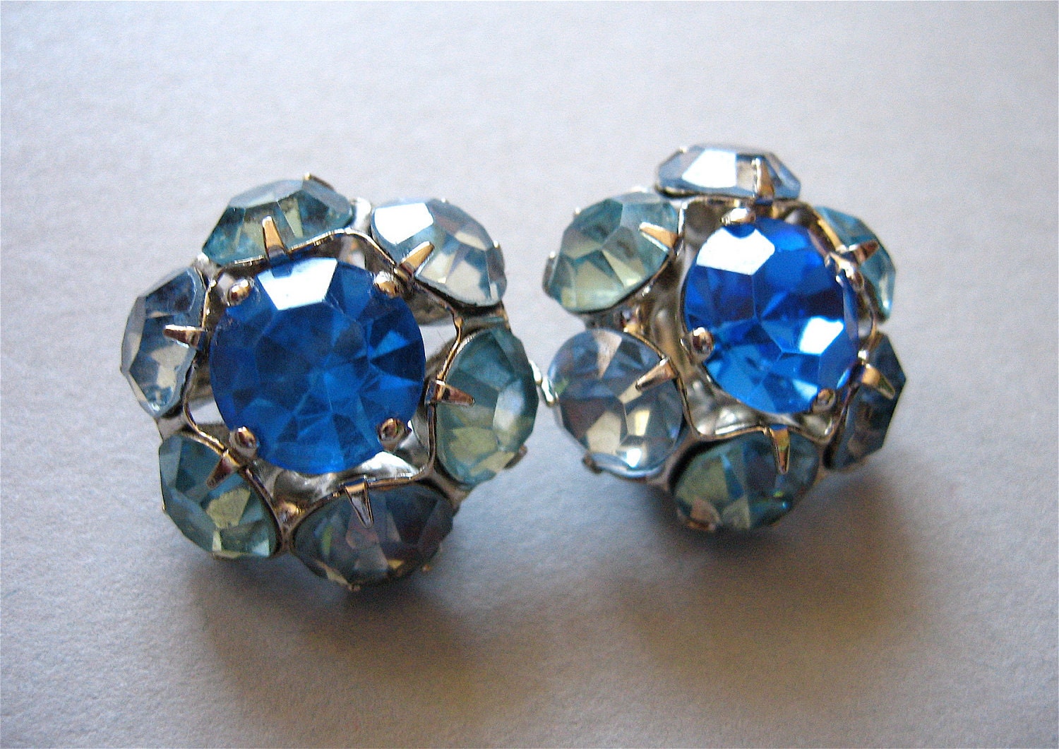 Vintage Blue Rhinestone Clip on Earrings