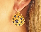 1960s Vintage Royal Blue Crystal Rhinestone and Gold Tone Earrings