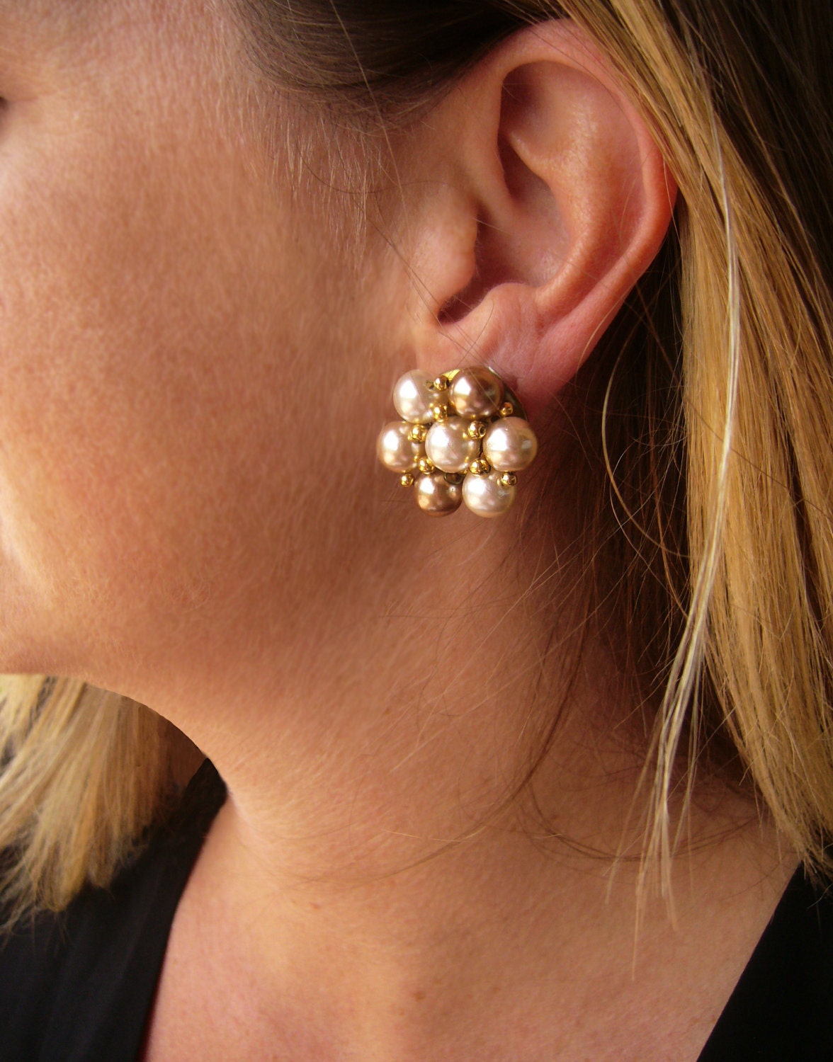 1950s Vintage Brown Toned Pearls Earrings with Gold Toned Bead Accents, Clip Back Pearl Earrings