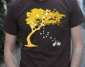 Mens birds bicycle and tree t shirt- american apparel chocolate brown- available in S, M, L and XL- Worldwide Shipping
