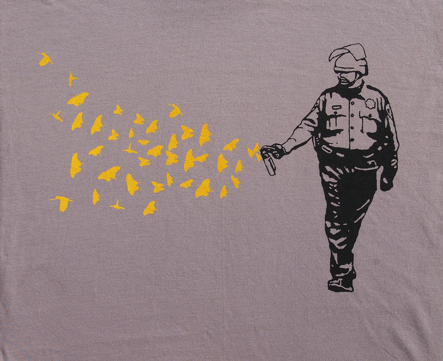 Mens Pepper Spray Cop -butterflies birds on organic t shirt- american apparel cinder, available in S,M, L ,XL, XXL- WorldWide shipping