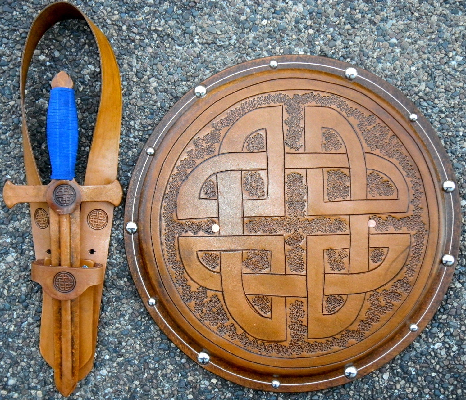 Handmade Leather Dagger, Shield, & Holster Set w/ Celtic Knot Emblem