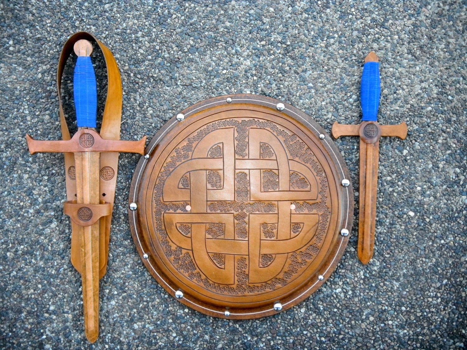 Handmade Leather COMPLETE Set - Sword, Dagger, Holder, & Shield w/ Celtic Knot Emblem