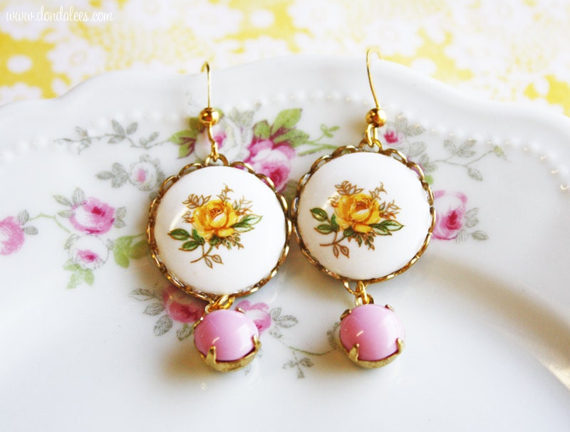 Vintage Cameo Rose Earrings- La Belle- Yellow Rose and Pink Stone Earrings