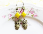 SALE- Retro Owl Charm and Neon Stone Earrings
