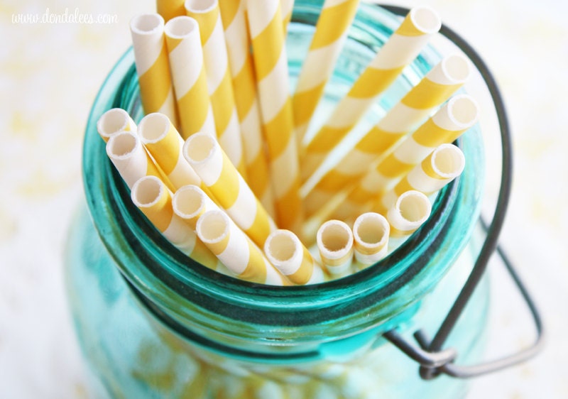 25 Yellow Striped Paper Straws/ Party Straws/ Wedding Straws- Printable DIY Flags Included
