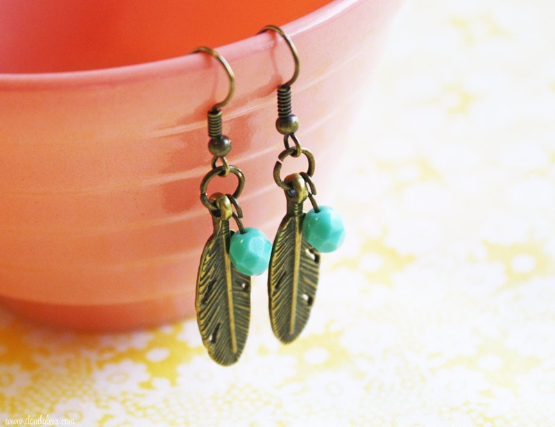 Little Feather- retro antiqued brass feather and turquoise stone earrings