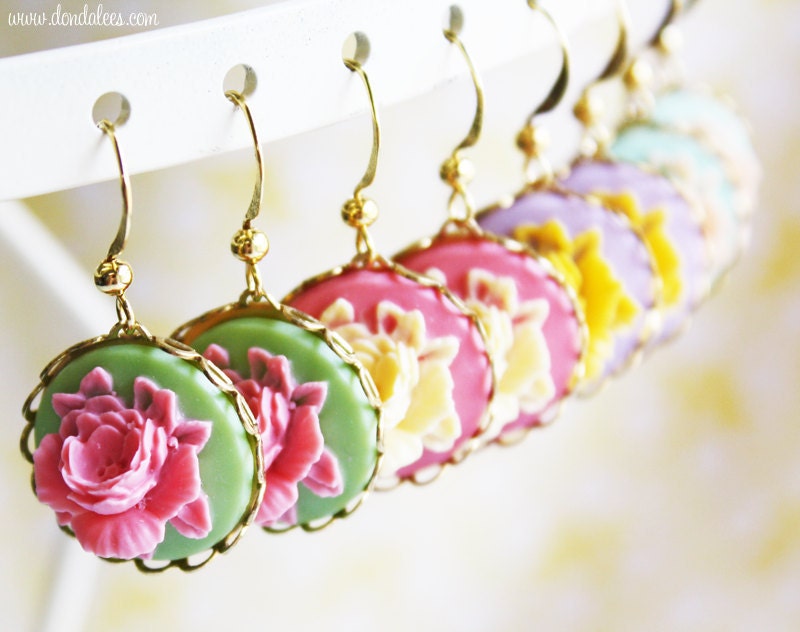 Sherbet Rose- Shabby Chic Cameo Flower Earrings- Vintage Style