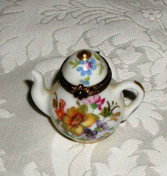 Limoges White Hand Painted Floral Miniature Teapot Trinket Box