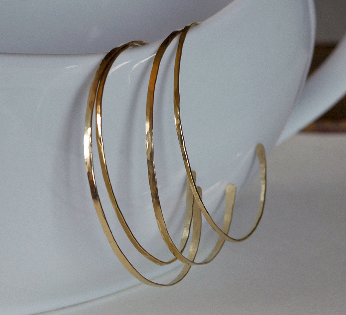 FOUR Gold Filled Bangles, Adjustable, Skinny Stacking Cuffs, Gold Bangles, 14k Gold Fill, Everyday, Minimalist, Modern