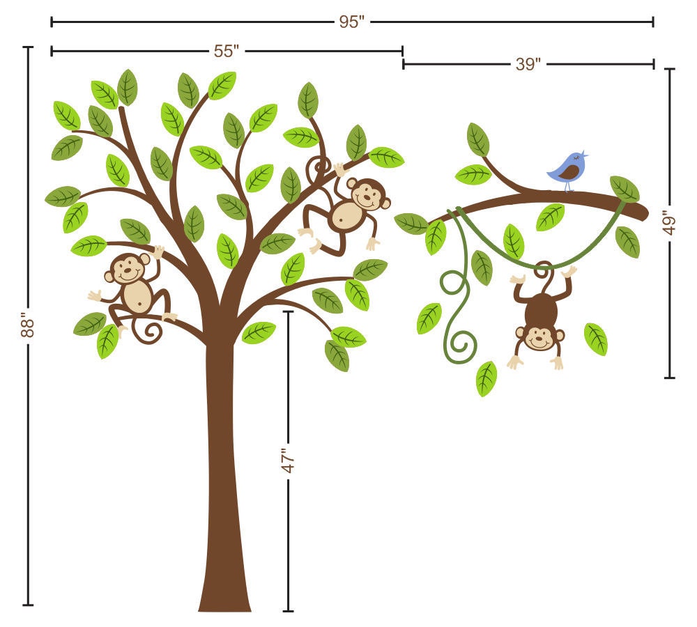 Tree Wall Decal Monkey Nursery Kids Removable Wall Vinyl Decal Wall Sticker OHSC