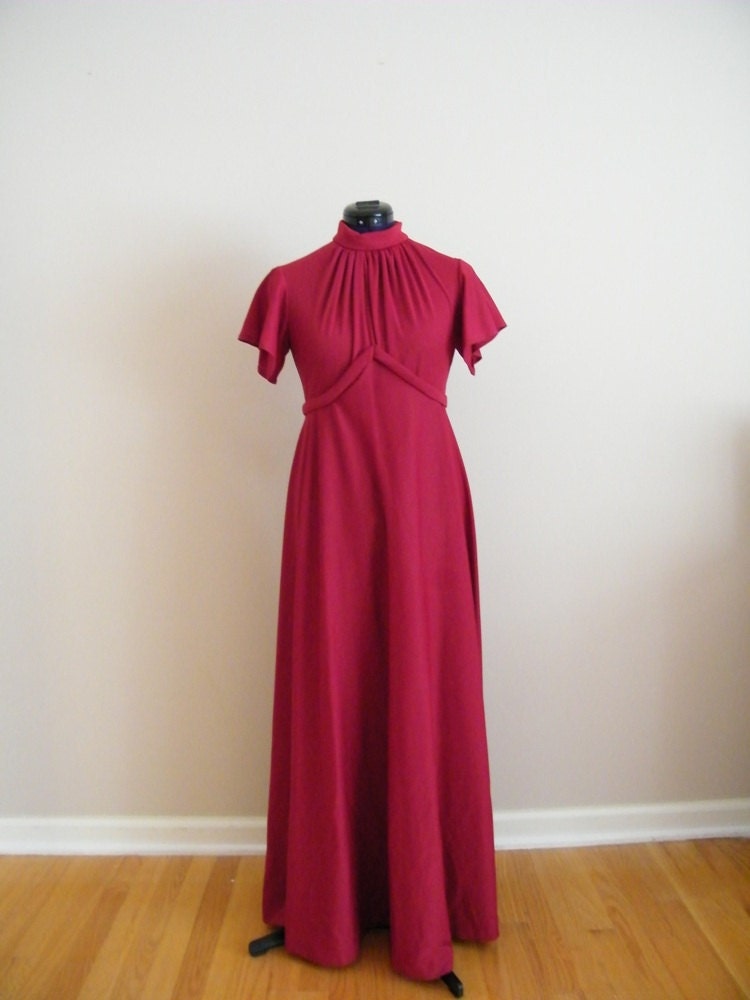 Vintage 1970s Burgundy Long Dress with Flutter Sleeves and Tie Waist