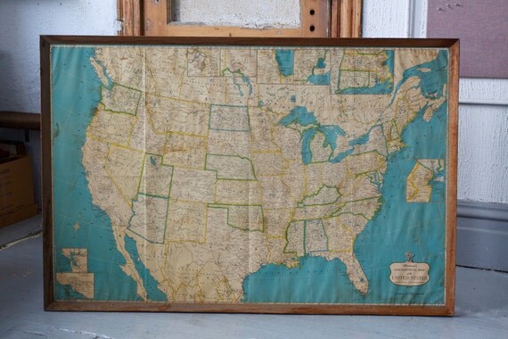 Vintage Framed Hammond's United States Map - Rustic Charm