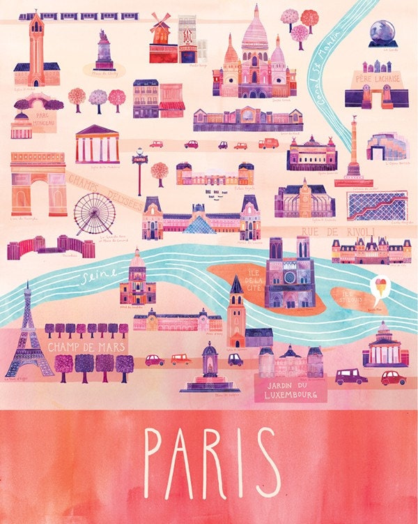 Illustrated Paris Map, 24" x 30", Digital Print