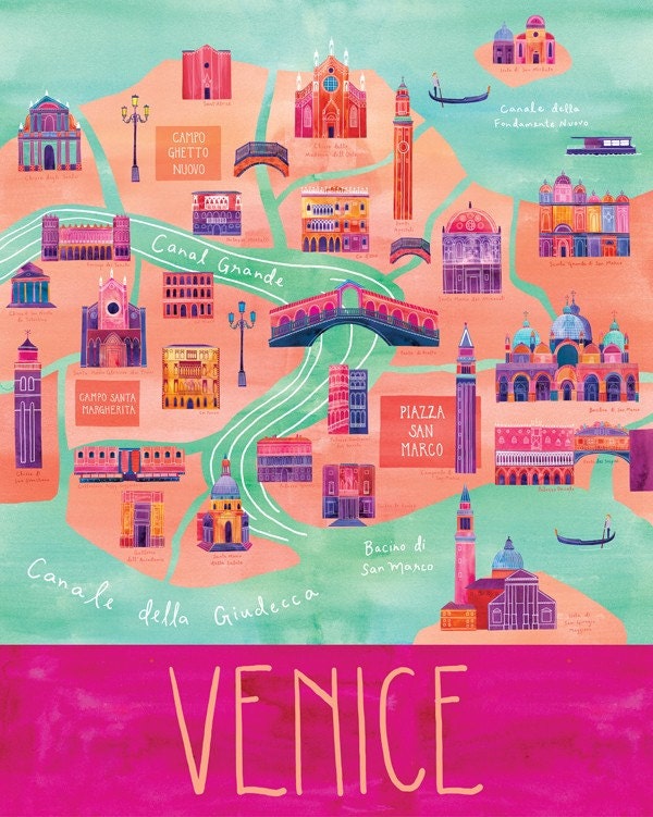 Illustrated Venice Map, 24" x 30", Digital Print