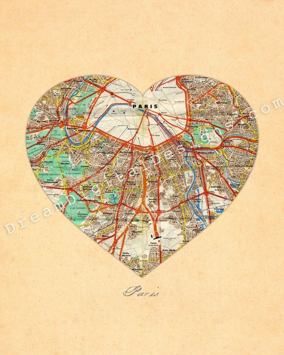 Paris Vintage Map Art PRINT 8 x 10 City Map Heart Decor - Archival Print No.P209 - As seen on Apartment Therapy