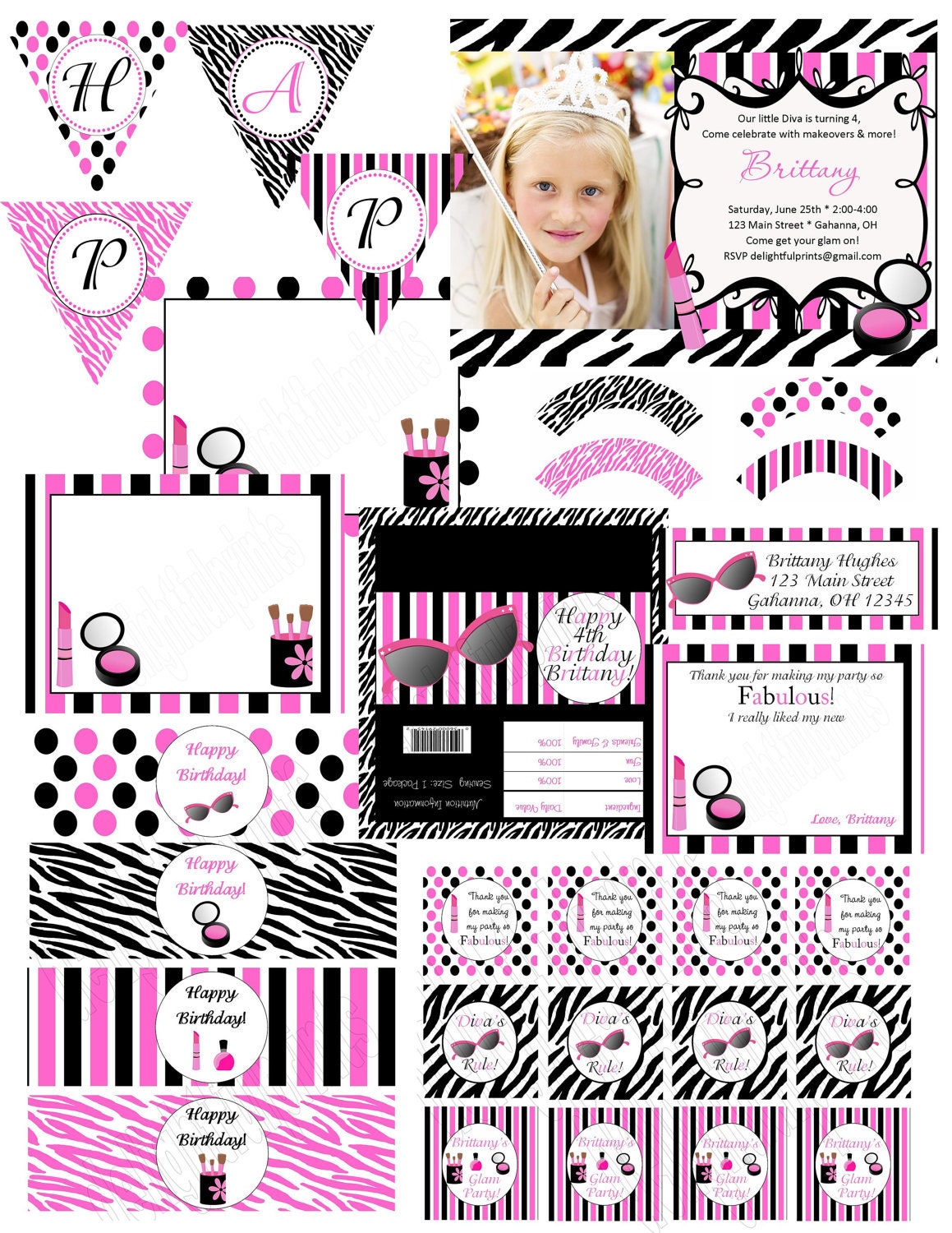 Diva glam girl makeup party complete party package printable with personalization by delightfulprints Il_570xn