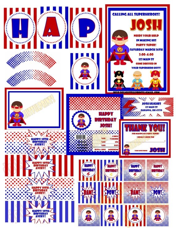 Super Hero party complete party package printable with personalization NO invite by delightfulprints Il_570xn