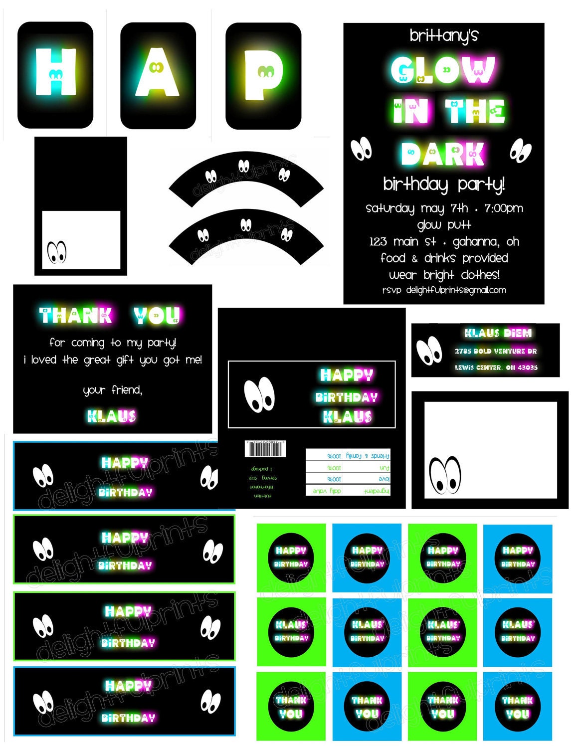 Glow in the dark party complete party package printable with personalization NO invite by delightfulprints Il_570xn