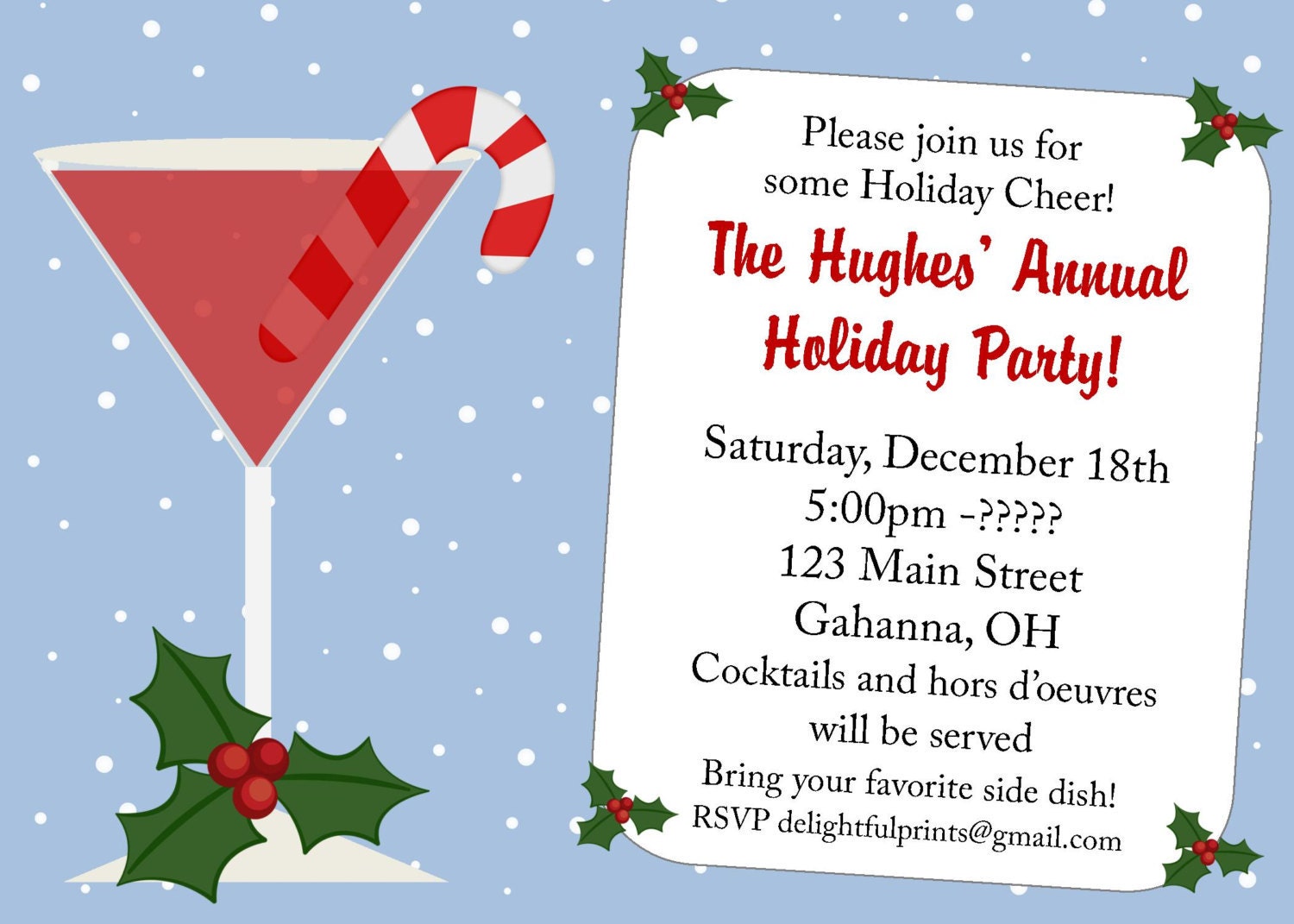 Holiday Party cocktails ANY color ...custom you print card by delightfulprints Il_570xn