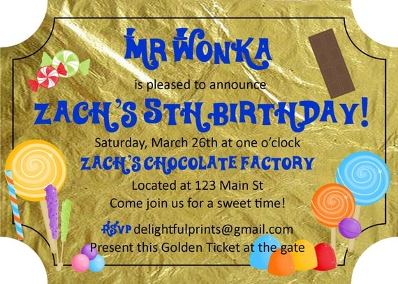 Willy Wonka Golden Ticket inspired birthday invitation Any color...DIY you print custom photo card by delightfulprints Il_570xn
