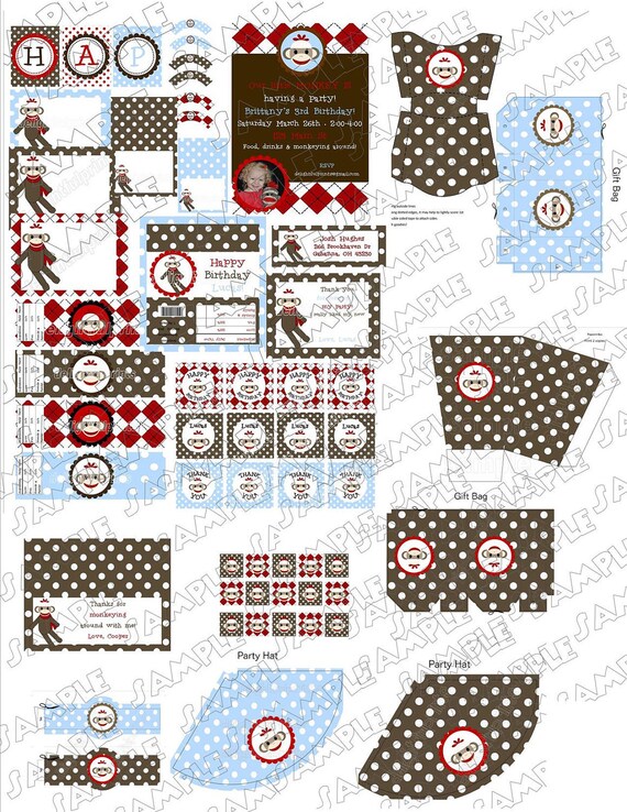 Premium Sock Monkey Party printable designs ... complete party package, fully customizable.. diy by delightfulprints Il_570xn