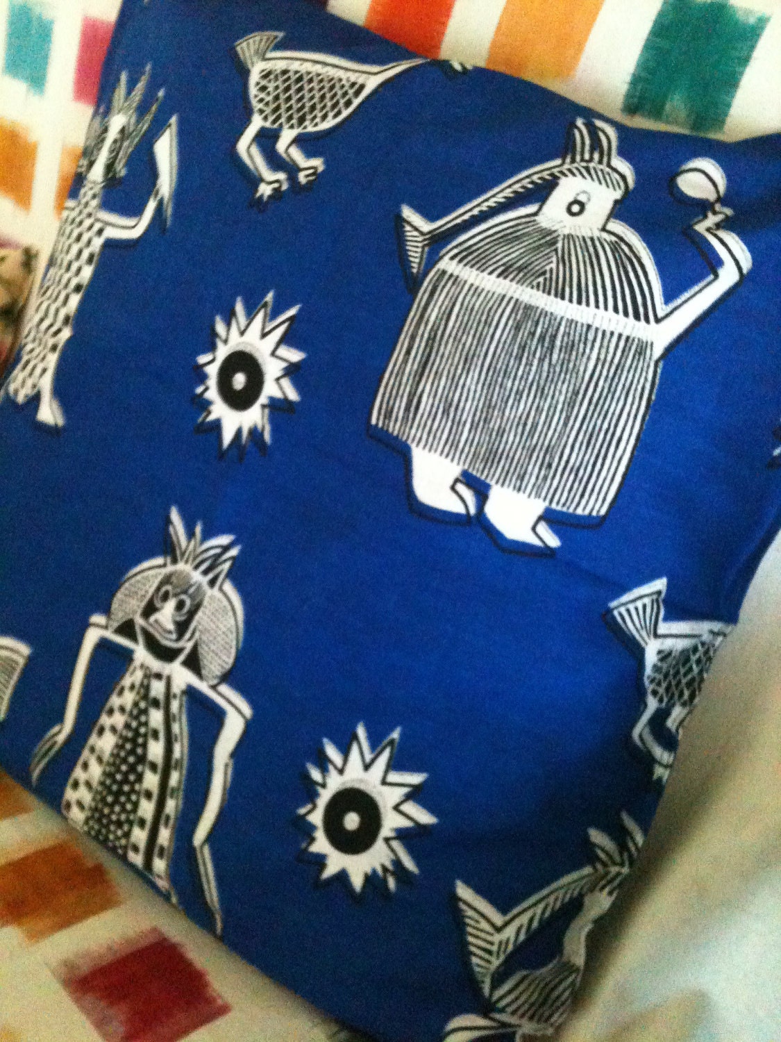 Tribal Blue People, Birds, and Fish Pillowshams, Set of Two Squares