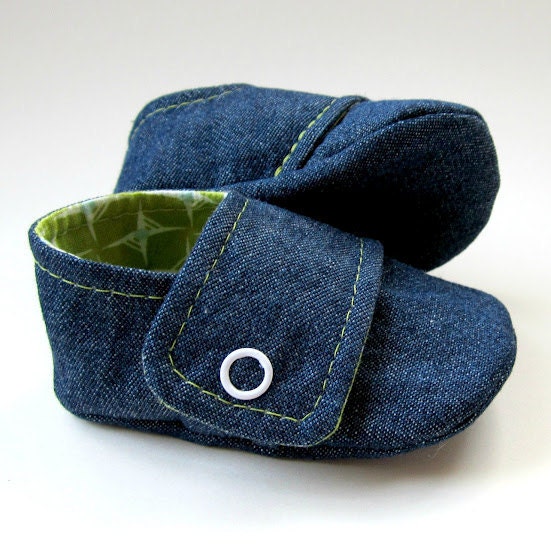 Baby Booties in Dark Denim and Green Cotton - Sizes 1-4