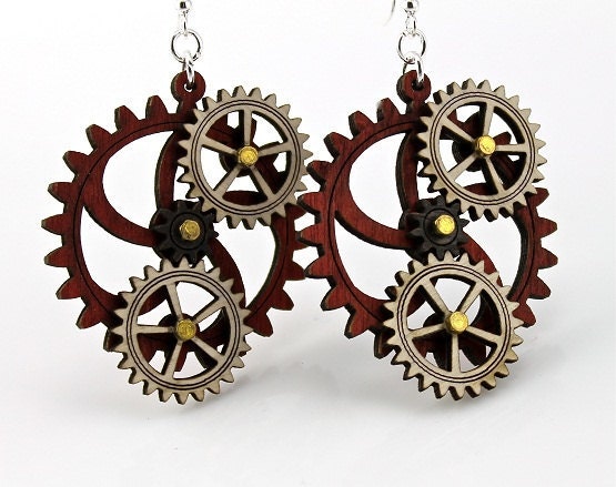 Kinetic Triple Moving Gear Earrings from Reforested Wood